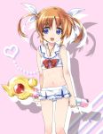  1girl absurdres adapted_costume bikini bikini_skirt blue_eyes bow bowtie brown_hair commentary eyebrows_visible_through_hair hair_ribbon heart highres holding_toy inflatable_toy jewelry kuroi_mimei looking_at_viewer lyrical_nanoha mahou_shoujo_lyrical_nanoha navel necklace object_behind_back open_mouth pinky_out raising_heart red_neckwear ribbon sailor_bikini sailor_collar shadow short_hair silhouette smile solo standing swimsuit takamachi_nanoha twintails white_bikini white_ribbon 