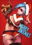  1girl absurdres ass asymmetrical_bangs back bangs black_gloves black_legwear blue_hair bomb braid breasts bustier capelet christmas collar commentary english_commentary eyelashes finger_gun fingerless_gloves freckles fur_trim gift_wrapping gloves hat highres jinx_(league_of_legends) league_of_legends lipstick long_hair looking_at_viewer looking_back makeup merry_christmas monori_rogue nose pink_eyes pink_eyeshadow pink_lips pink_nails red_background red_shorts ribbon santa_costume santa_hat shorts small_breasts solo thick_eyebrows thigh_gap thighhighs twin_braids 
