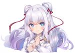  +_+ 1girl azur_lane blue_eyes breasts center_opening cleavage double_bun eyebrows_visible_through_hair hair_ribbon lavender_hair le_malin_(azur_lane) long_hair long_sleeves looking_at_viewer mamemena ribbon simple_background small_breasts smile solo tress_ribbon uniform upper_body white_background 