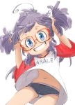  1girl absurdres adjusting_hair ahoge bangs bow bow_panties character_name clothes_writing commentary_request cowboy_shot crotch_seam dr._slump grin hamahara_yoshio hand_in_hair head_tilt highres leaning_to_the_side long_hair looking_at_viewer navel no_pants norimaki_arale panties purple_eyes purple_hair purple_panties raglan_sleeves red-framed_eyewear shirt short_sleeves simple_background smile solo standing striped underwear vertical-striped_panties vertical_stripes white_background white_shirt 