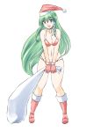  1girl :d bangs bare_arms bare_shoulders bell bell_choker bikini blue_choker blue_eyes boots breasts choker christmas collarbone commentary eyebrows_visible_through_hair frog_hair_ornament full_body fur-trimmed_boots fur-trimmed_gloves fur-trimmed_hat fur_trim gloves gomamiso_(gomamiso_sp) green_hair hair_between_eyes hair_ornament hair_tubes hat highres knee_boots kochiya_sanae legs_apart long_hair looking_at_viewer medium_breasts navel open_mouth pom_pom_(clothes) red_bikini red_footwear red_gloves red_headwear sack santa_boots santa_gloves santa_hat simple_background smile snake_hair_ornament solo swimsuit touhou v_arms very_long_hair white_background 