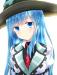  1girl black_headwear blue_eyes blue_hair blush choujigen_game_neptune collared_dress collared_shirt commentary_request dress expressionless hat highres long_hair looking_at_viewer mages. mole mole_under_eye necktie neptune_(series) niche-tan red_neckwear shirt simple_background solo upper_body very_long_hair white_background white_dress white_shirt witch witch_hat 
