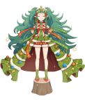 1girl armband bare_legs big_hair christmas christmas_lights christmas_tree christmas_tree_costume closed_eyes dress fire_emblem fire_emblem:_three_houses fire_emblem_heroes flat_chest full_body fur_trim gonzarez green_hair green_neckwear hair_ornament hands_on_hips highres long_hair pointy_ears red_footwear ribbon santa_costume shoes short_dress side_braids simple_background smirk solo sothis_(fire_emblem) sparkle standing star thighs tiara tree_stump very_long_hair wavy_hair white_background wristband 