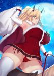  1girl antlers armpits artoria_pendragon_(all) artoria_pendragon_(lancer) ass_visible_through_thighs aster_crowley blonde_hair breasts cameltoe dress elbow_gloves fate/grand_order fate_(series) gloves grin hair_between_eyes highres large_breasts long_hair looking_at_viewer panties ponytail red_dress red_panties reindeer_antlers sack sleeveless sleeveless_dress smile solo thighhighs underwear very_long_hair white_gloves white_legwear 