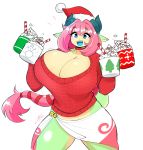  animal_humanoid big_breasts blue_eyes bottomwear breasts choker christmas cleavage clothed clothing cup dragon dragon_humanoid eyebrow_through_hair eyebrows eyelashes female food green_body green_skin hair happy hat headgear headwear hi_res holding_object holidays horn huge_breasts humanoid jewelry long_hair looking_at_viewer necklace nina_(eigaka) open_mouth pink_hair santa_hat simple_background skirt smile standing sweater theycallhimcake tied_hair topwear translucent translucent_hair white_background 