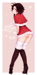  1girl absurdres ass black_hair bluefield boots capelet christmas closed_mouth from_behind fur_trim gloves gradient_hair highres looking_at_viewer looking_back multicolored_hair no_panties red_capelet red_gloves red_hair ruby_rose rwby santa_boots santa_costume shiny shiny_hair shiny_skin short_hair silver_eyes smile solo standing two-tone_hair 