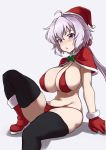  1girl ahoge blush breasts christmas commentary_request gloves hair_between_eyes hat highres large_breasts long_hair looking_at_viewer low_twintails open_mouth purple_eyes santa_bikini santa_hat senki_zesshou_symphogear shanaharuhi silver_hair simple_background solo thighhighs twintails very_long_hair yukine_chris 