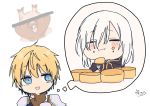  1boy 1girl :i =_= absurdres ars_almal bangs bar_censor black_cape blonde_hair blue_eyes blush brown_gloves cape censored chibi chin_stroking closed_eyes closed_mouth commentary_request eating ex_albio eyebrows_visible_through_hair food food_on_face fork gloves hair_between_eyes highres holding holding_fork hood hood_down hooded_cape nijisanji pauldrons signature simple_background sofra thought_bubble virtual_youtuber white_background white_hair 
