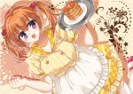  1girl :d apron blush butter cafe_stella_to_shinigami_no_chou clenched_hand dutch_angle food fuyukichi_(nikoniko1567) hair_ornament highres holding holding_tray open_mouth orange_hair pancake pink_footwear purple_eyes shadow short_sleeves short_twintails skirt smile stack_of_pancakes standing sumizome_nozomi syrup thighhighs tray twintails white_legwear yellow_skirt 
