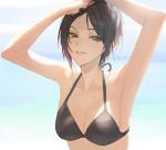  1girl bikini black_bikini breasts brown_eyes brown_hair cleavage fingernails hands_in_hair long_fingernails looking_at_viewer medium_breasts mossi original short_hair smile solo swimsuit upper_body 