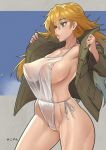  1girl blonde_hair breasts cameltoe covered_nipples dan_kanemitsu green_eyes hannelore_kummel jacket large_breasts lips long_hair medium_breasts mikoyan open_clothes open_jacket parted_lips revealing_clothes see-through shiny shiny_hair shiny_skin sideboob solo standing strike_witches strike_witches_(lionheart_witch) sweat world_witches_series 