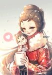  1girl artist_name black_eyes blush brown_hair chibi cup hair_up heart identity_v japanese_clothes kimono michiko_(identity_v) mug red_kimono simple_background smile snowing spoken_heart steam tempi_(yise426) wide_sleeves winter 