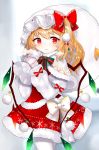  bag blonde_hair capelet carrying_over_shoulder christmas commentary_request cowboy_shot dress eyebrows_visible_through_hair flandre_scarlet fur-trimmed_capelet fur-trimmed_dress fur_trim gradient gradient_background hair_between_eyes hair_ornament hat hat_ribbon highres holding holding_bag layered_dress looking_at_viewer mittens mob_cap neck_ribbon pantyhose pom_pom_(clothes) red_dress red_eyes ribbon sakipsakip short_hair side_ponytail smile standing striped striped_neckwear touhou white_background white_headwear white_legwear wings 