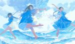  3girls absurdres animal arm_up barefoot black_hair blue_dress blue_eyes blue_theme closed_eyes cloud day dress fish happy highres leg_up long_hair long_sleeves low_twintails multiple_girls ocean original outdoors outstretched_arms pofu31 ponytail puffy_sleeves sky sleeveless sleeveless_dress smile splashing spread_arms surreal twintails wading water 