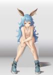  1girl :d animal_ears bell_(angelicalary) blue_footwear blue_hair blush boots breasts commentary_request convenient_arm erune ferry_(granblue_fantasy) granblue_fantasy hair_between_eyes hand_on_own_knee hand_on_own_leg highres jewelry knees_together_feet_apart leaning_forward legs long_hair looking_at_viewer navel necklace nude open_mouth single_earring sitting small_breasts smile solo very_long_hair yellow_eyes 