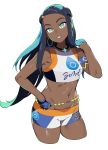  1girl armlet blue_eyes blue_eyeshadow blue_hair breasts cropped_legs dark_skin earrings eyelashes eyeshadow gloves gym_leader hoop_earrings iku_(ikuchan_kaoru) jewelry long_hair makeup midriff multicolored_hair navel partly_fingerless_gloves pokemon pokemon_(game) pokemon_swsh rurina_(pokemon) shorts simple_background single_glove solo swimsuit tankini two-tone_hair white_background 