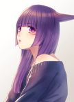  1girl animal_ears bangs blue_sweater blunt_bangs cat_ears eyebrows_visible_through_hair eyelashes facial_mark final_fantasy final_fantasy_xiv from_side hime_cut lipstick long_hair looking_away makeup miqo&#039;te off-shoulder_sweater off_shoulder parted_lips purple_eyes purple_hair purple_lips sidelocks simple_background slit_pupils solo sweater upper_body yuzuki_kaoru 