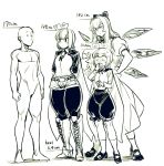  3girls antennae belt blush boots cape cirno dual_persona full_body hair_between_eyes height_chart looking_at_another multiple_girls older pantyhose short_shorts shorts simple_background space_jin thighs touhou white_background wriggle_nightbug 