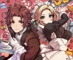  1boy 1girl blonde_hair butler cake closed_mouth cookie cup dessert fire_emblem fire_emblem:_three_houses food fujimaru_(green_sparrow) gloves green_eyes hair_ribbon holding holding_plate ingrid_brandl_galatea long_sleeves macaron maid maid_headdress plate red_hair ribbon short_hair smile sylvain_jose_gautier teacup twitter_username upper_body white_gloves 