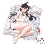  1girl animal animal_ears ass atago_(azur_lane) azur_lane bag bare_shoulders barefoot beach_mat bikini black_bikini black_hair breasts brown_eyes bxr cleavage crab dated flower hair_flower hair_ornament highres jacket large_breasts long_hair looking_at_viewer lying mat no_pants off_shoulder on_side see-through shirt shoulder_bag side-tie_bikini signature sleeveless sleeveless_shirt solo swimsuit thighs wet wet_clothes wet_shirt white_jacket 