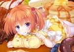  1girl blueberry blush breasts cafe_stella_to_shinigami_no_chou cake doughnut eating food food_on_face fork fruit hair_ornament large_breasts licking_lips looking_at_viewer lying on_stomach orange_hair pancake purple_eyes sekine_irie short_sleeves short_twintails skirt slice_of_cake smile solo stack_of_pancakes sumizome_nozomi syrup thighhighs tongue tongue_out twintails white_legwear yellow_skirt 