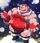  12beat13 anthro belly blush chernobog christmas clothed clothing demon facial_hair fur holidays horn male musclegut mustache pink_body pink_fur skimpy snow speedo swimwear tokyo_afterschool_summoners video_games 