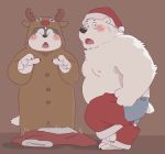  2019 anthro belly blush butt canid canine canis christmas clothing domestic_dog dressing duo eyes_closed garouzuki hat headgear headwear hi_res holidays humanoid_hands male mammal moobs nipples onesie overweight overweight_male santa_hat simple_background underwear 