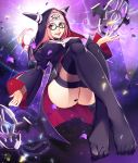  +_+ absurdres alternate_costume ass belt black_legwear black_nails breasts cleavage cross crossed_ankles dream_catcher facial_mark feathers fiona_gilman foreshortening glasses headband highres horned_hood identity_v knees_up long_hair medium_breasts petals pink_hair purple_background shigure_(shigureinu) simple_background thighhighs wide_sleeves 