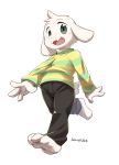  2016 3_toes 4_fingers anthro asriel_dreemurr barefoot biped boss_monster bovid caprine fingers green_eyes happy harusuke hi_res male mammal simple_background smile solo toes tuft undertale video_games walking white_background young 