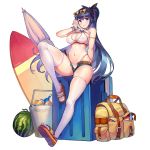  1girl armlet backpack bag bangs bikini blue_eyes blue_hair blush breasts bucket can cleavage cooler criss-cross_halter express_76 eyewear_on_head food fruit full_body grin hair_between_eyes hair_ribbon halter_top halterneck heart heart-shaped_eyewear highleg highleg_bikini highres ice ice_cube last_origin leg_up looking_at_viewer medium_breasts melon micro_shorts navel nipples official_art open_fly paintale ponytail ribbon sandals see-through shorts sitting smile soda_can solo surfboard sweat swimsuit tachi-e thighhighs white_legwear 