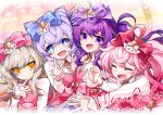  4girls aisha_landar dress elsword eve_(elsword) eyebrows_visible_through_hair fangs group_picture highres idol jewelry kuroshio_maki laby_(elsword) luciela_r._sourcream multiple_girls pink_background pink_dress ring smile 