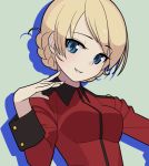  1girl bangs blonde_hair blue_eyes braid commentary_request darjeeling epaulettes eyebrows_visible_through_hair gesture girls_und_panzer green_background grin head_tilt jacket long_sleeves looking_at_viewer military military_uniform red_jacket shadow short_hair smile solo soumu_(kehotank) st._gloriana&#039;s_military_uniform tied_hair twin_braids uniform upper_body 