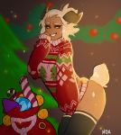  1girl anal_beads animal_ears black_legwear breasts butt_plug candy candy_cane christmas christmas_sweater christmas_tree clothes_tug dark_skin dildo fictional_persona food hand_to_own_mouth highres horns laughing leaning_forward medium_breasts naked_sweater nox_(neum) orange_eyes original print_sweater red_sweater sack sheep_ears sheep_horns sheep_tail solo sweatdrop sweater sweater_tug tail thighhighs updo 