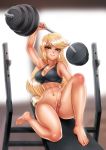  absurdres applejack barbell blonde_hair breasts green_eyes highres my_little_pony my_little_pony_equestria_girls my_little_pony_friendship_is_magic pussy racoon-kun solo strong thighs weightlifting weights 
