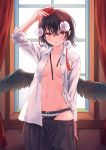  1girl adjusting_clothes adjusting_hat arm_up bangs black_hair black_panties black_ribbon black_skirt black_wings blush bow bow_panties breasts collarbone commentary cowboy_shot curtains eyebrows_visible_through_hair feathered_wings groin hair_between_eyes hat highres indoors long_sleeves looking_at_viewer medium_breasts miniskirt navel open_clothes open_shirt panties parted_lips pointy_ears pom_pom_(clothes) red_eyes ribbon roke_(taikodon) shameimaru_aya shirt short_hair skirt skirt_pull solo standing stomach tassel tokin_hat touhou underwear white_shirt window wings 