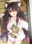  1girl :d ahoge animal_ear_fluff animal_ears bandaid_on_neck blurry blurry_background blush book breasts brown_eyes brown_hair collarbone commentary_request depth_of_field dirty_face fang highres long_hair looking_at_viewer mitoko_(kuma) object_hug off_shoulder open_mouth original oversized_clothes oversized_shirt shirt short_sleeves small_breasts smile solo standing stuffed_animal stuffed_toy tail teddy_bear very_long_hair white_shirt wolf_ears wolf_girl wolf_tail 