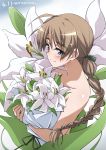 absurdres ahoge bare_shoulders blue_eyes bouquet braid brown_hair collarbone commentary_request eyebrows_visible_through_hair flower green_ribbon hair_ribbon highres holding holding_bouquet lily_(flower) long_hair lynette_bishop ribbon single_braid strike_witches tied_hair tokiani upper_body world_witches_series 