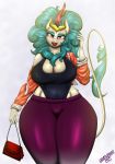  2019 absurd_res anthro anthrofied asian_mythology big_breasts blush breasts brown_eyes chinese_mythology cleavage clothed clothing east_asian_mythology eyeshadow female friendship_is_magic green_eyeshadow green_hair hair hi_res horn kirin leotard lipstick makeup my_little_pony mythology purse queen_rain_shine_(mlp) red_lipstick shiny solo thick_thighs tight_clothing wide_hips wolfmask 