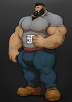  2019 5_fingers absurd_res barazoku beard belt biceps big_muscles black_hair body_hair boots bottomwear chest_hair clothing ear_piercing facial_hair fingers footwear green_eyes grisser hair hairy hairy_arms hi_res huge_bulge huge_muscles humanoid humanoid_pointy_ears jeans looking_at_view male muscular muscular_arms muscular_male muscular_thighs mustache orc orc_humanoid pants pecs piercing shirt simple_background solo standing tan_body tan_skin tight_clothing topwear tusks 