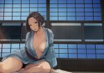  1girl arakure bangs blanket breasts brown_eyes brown_hair cleavage commentary_request door hair_up japanese_clothes kimono large_breasts looking_at_viewer mature mole mole_under_mouth obi open_clothes open_kimono original parted_bangs parted_lips sash sitting thighs yukata 