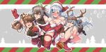 404_(girls_frontline) 4girls ;p ^_^ ^o^ absurdres antlers bandaged_leg bandages bangs bare_shoulders bell blunt_bangs blush blush_stickers boots box breasts brown_hair cleavage closed_eyes covered_navel dress fang fur_trim g11_(girls_frontline) gift gift_box girls_frontline gloves green_eyes grey_hair hair_bell hair_between_eyes hair_ornament hat highres hk416_(girls_frontline) long_hair looking_at_viewer mistletoe multiple_girls one_eye_closed red_dress red_gloves reindeer_antlers santa_hat scar scar_across_eye sd_bigpie side_ponytail silver_hair small_breasts smile sweat tongue tongue_out ump45_(girls_frontline) ump9_(girls_frontline) white-panties 