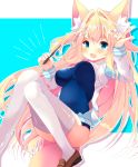  1girl :d animal_ear_fluff animal_ears bangs blonde_hair blue_background blue_eyes blue_swimsuit blush bow breasts brown_footwear commentary covered_navel eyebrows_visible_through_hair fang fox_ears fox_girl fox_tail fuuna_thise hair_bow hair_intakes highres holding holding_stylus impossible_clothes impossible_swimsuit large_breasts loafers long_hair long_sleeves one-piece_swimsuit open_mouth original outline shoes smile solo stylus swimsuit symbol_commentary tail thighhighs two-tone_background very_long_hair white_background white_bow white_legwear white_outline 