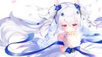  1girl animal_ears azur_lane blue_bow blue_flower bouquet bow bunny_ears closed_mouth commentary_request dress flower gloves hair_flower hair_ornament hair_ribbon holding holding_bouquet koko_ne_(user_fpm6842) laffey_(azur_lane) laffey_(white_rabbit&#039;s_oath)_(azur_lane) long_hair petals red_eyes ribbon rose smile solo strapless strapless_dress twintails upper_body very_long_hair white_dress white_flower white_gloves white_hair white_ribbon white_rose 