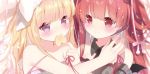  2girls ame_usari bangs bare_shoulders black_collar black_neckwear black_wings blonde_hair blunt_bangs blurry blurry_background blush bow closed_mouth collar commentary cookie demon_wings depth_of_field detached_collar dress english_commentary eyebrows_visible_through_hair feeding food food_in_mouth grey_dress hair_bow heart highres long_hair mini_wings multiple_girls original purple_eyes red_eyes red_hair sleeveless sleeveless_dress smile striped striped_bow white_bow white_dress wing_collar wings 