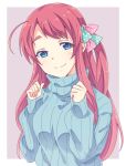  1girl ahoge aqua_bow bangs blue_eyes blue_sweater bow clenched_hands e20 hair_bow hands_up long_hair long_sleeves looking_at_viewer minamoto_sakura one_side_up pink_bow polka_dot polka_dot_bow red_hair ribbed_sweater smile solo sweater turtleneck turtleneck_sweater upper_body zombie_land_saga 