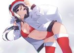  1girl adjusting_clothes adjusting_hat bikini blue_hair breasts cleavage commentary grin hair_between_eyes hat highres jacket leaning_forward long_hair long_sleeves love_live! love_live!_sunshine!! matsuura_kanan medium_breasts navel over_shoulder ponytail purple_eyes red_bikini red_headwear red_legwear sack santa_hat sidelocks smile solo swimsuit symbol_commentary thighhighs white_jacket yamaori_(yamaorimon) 