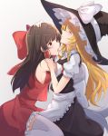  2girls ^_^ absurdres apron bangs bare_shoulders black_hair black_headwear black_skirt black_vest blonde_hair blush bow braid breasts brown_eyes closed_eyes commentary_request detached_sleeves frilled_apron frills from_side gradient gradient_background grey_background hair_bow hair_tubes hakurei_reimu hat hat_bow highres kirisame_marisa long_hair long_sleeves looking_at_another miniskirt multiple_girls open_mouth petticoat profile puffy_short_sleeves puffy_sleeves red_bow red_skirt shirt short_sleeves sideboob sidelocks single_braid sitting skirt skirt_set small_breasts thighhighs thighs tongue tongue_out touhou vest waist_apron wariza white_apron white_bow white_legwear white_shirt wide_sleeves witch_hat yuri z_loader zettai_ryouiki 