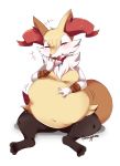  absurd_res ambiguous_gender belly belly_fondling big_belly blush braixen conditional_dnp eating ebonyplume food happy hi_res holding_food holding_object navel nintendo obese overweight pok&eacute;mon pok&eacute;mon_(species) simple_background sitting solo video_games white_background 
