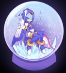  1girl android blue_eyes boots helmet high_heels highres holding holding_weapon ice leviathan_(rockman) omeehayo polearm rockman rockman_zero sitting smile snow_globe solo spear thigh_boots thighhighs weapon 