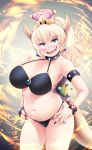  2018 alternate_species animal_humanoid blonde_hair bowser bowsette_meme breasts choker clothing cloudxmoe crossgender crown ear_piercing female hair hi_res horn humanoid humanoid_pointy_ears humanoidized jewelry long_hair mario_bros navel necklace nintendo piercing sharp_teeth shell slightly_chubby solo super_crown teeth video_games 